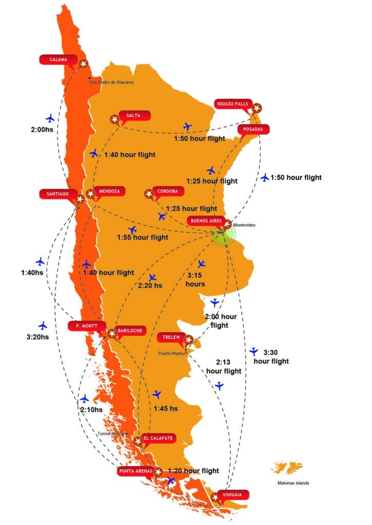 Approximated flight times between main destinations in Argentina RipioTurismo DMC for