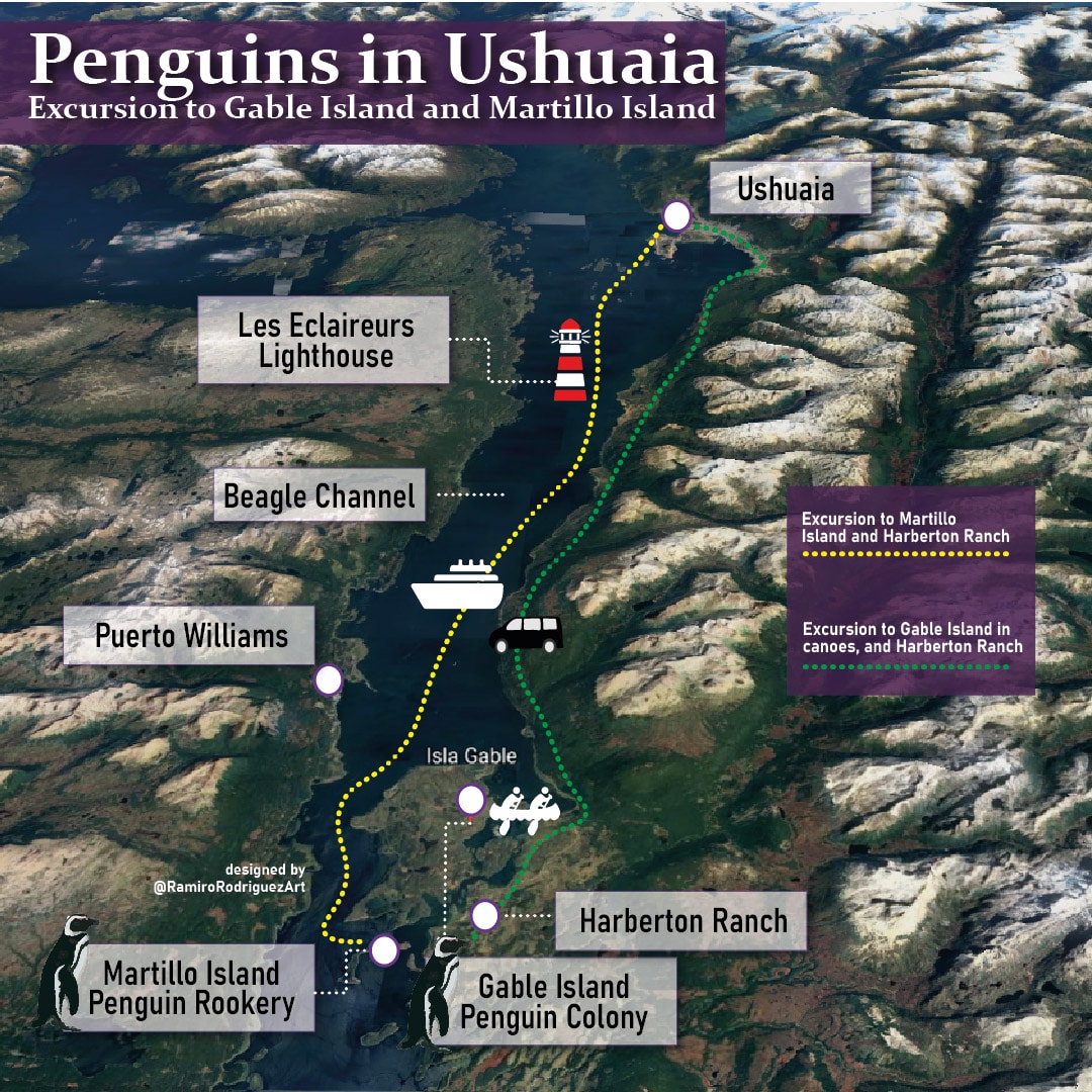 gable and martillo island penguin reserve from Ushuaia - map