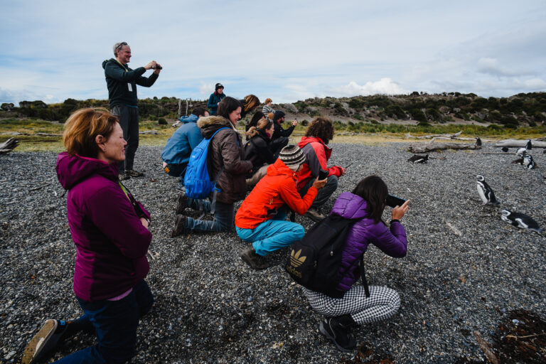 People taking pictures of penguins Martillo Island.