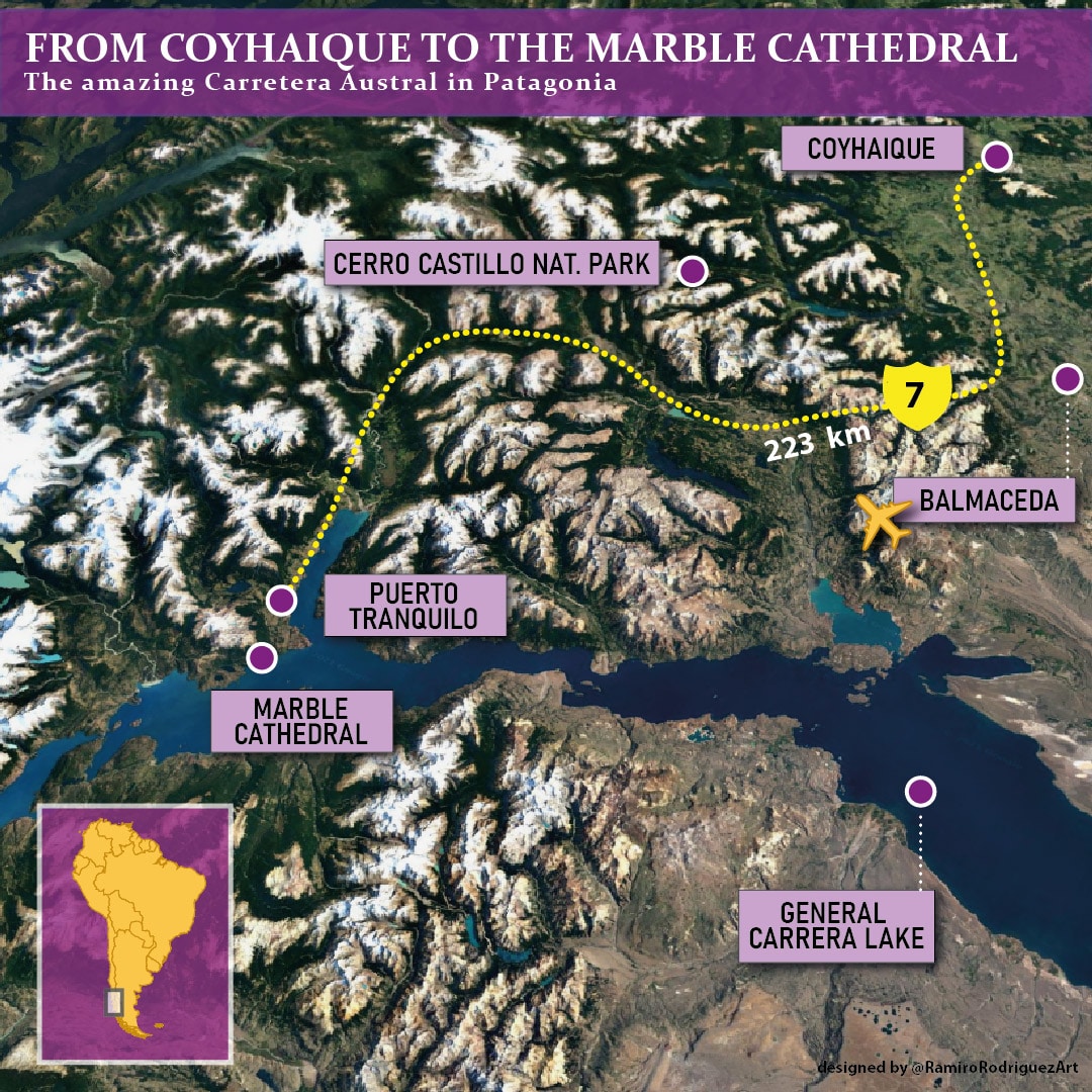 COYHAIQUE TO MARBLE CATHEDRAL MAP